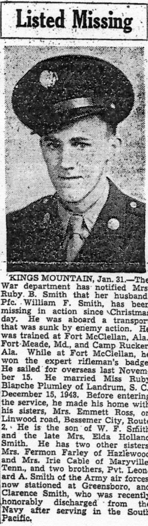 W.F. Smith newspaper report missing - Leopoldville Troopship Disaster